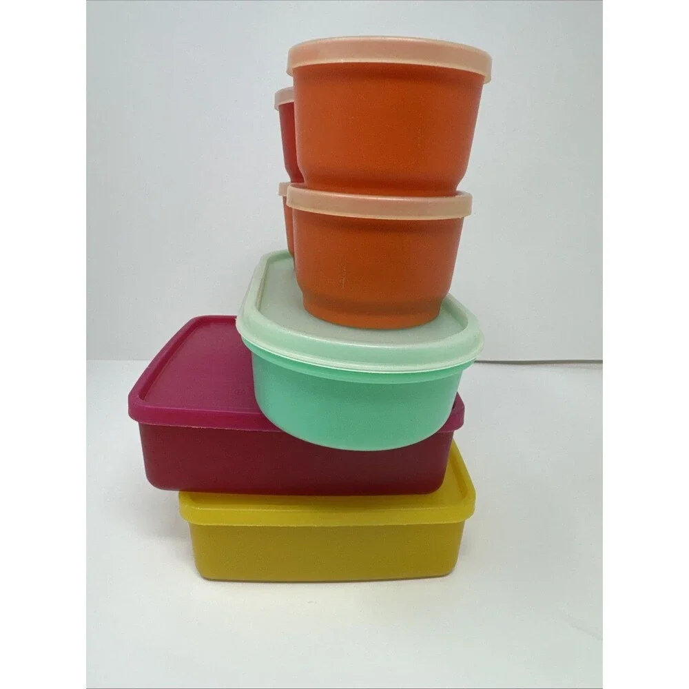 7x Vintage Tupperware Snack Set - 2 square away keeper 4 cups orange red yellow